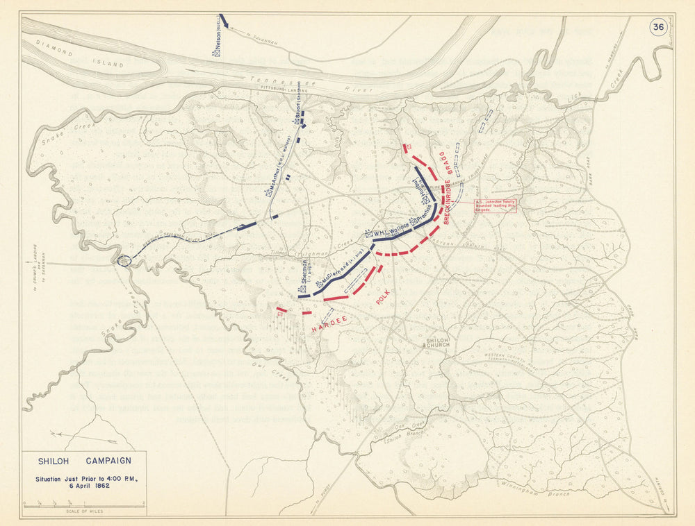 American Civil War. 4pm 6 April 1862. Battle of Shiloh. Tennessee 1959 old map