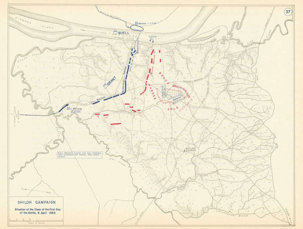 American Civil War. Evening 6 April 1862. Battle of Shiloh. Tennessee 1959 map