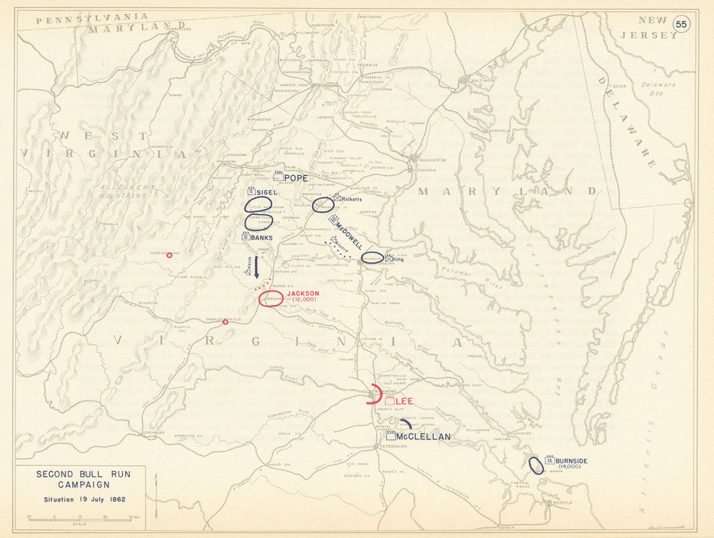 American Civil War. Situation 19 July 1862. Second Bull Run Campaign 1959 map