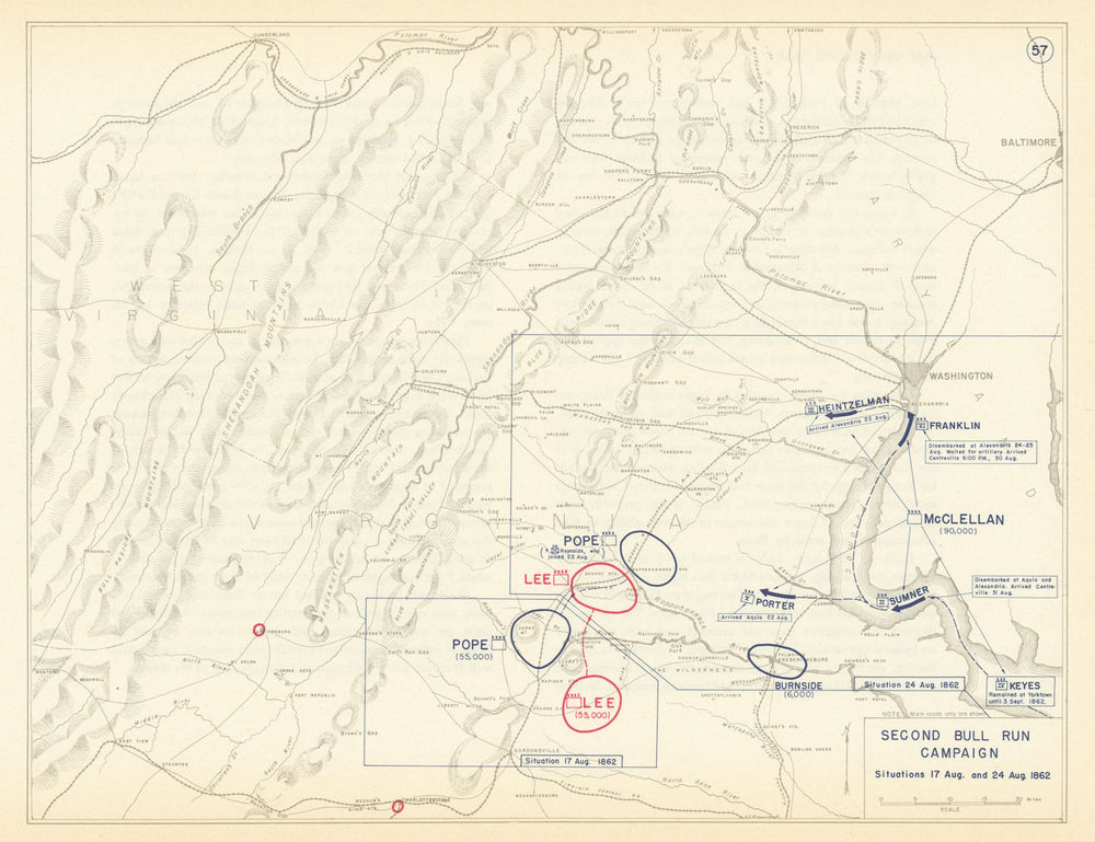 American Civil War. 17-24 August 1862. Second Battle of Bull Run 1959 old map