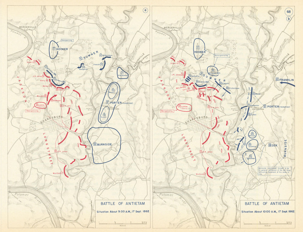 American Civil War. 9-10am 17 September 1862. Battle of Antietam 1959 old map