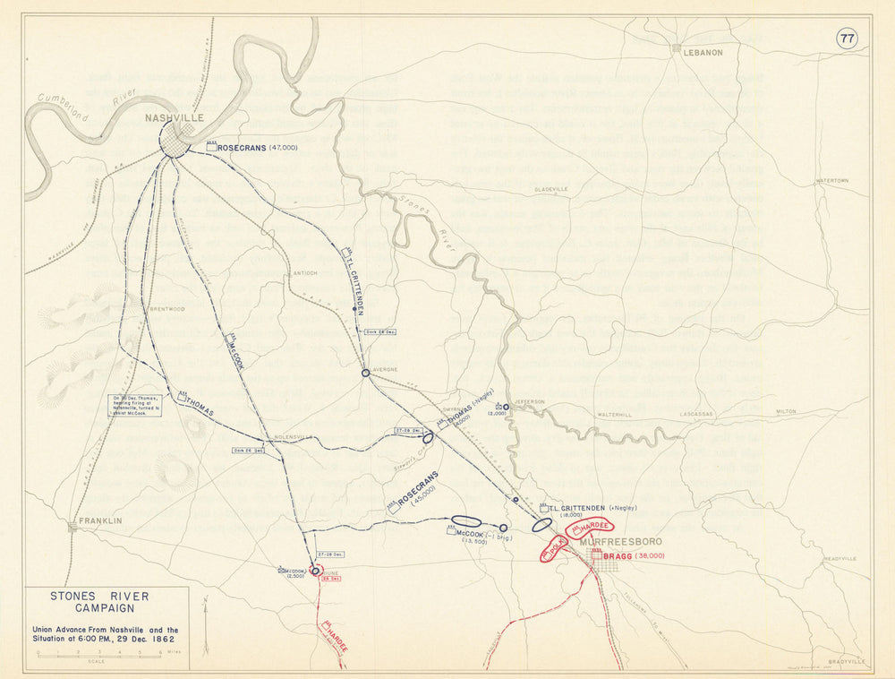 American Civil War. 29 December 1862 Battle of Stones River. Nashville 1959 map
