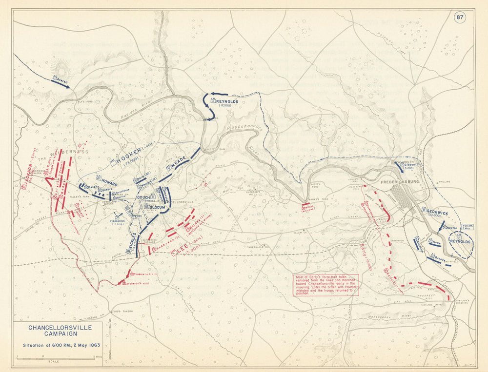 American Civil War. 6pm, 2 May 1863. Battle of Chancellorsville 1959 old map