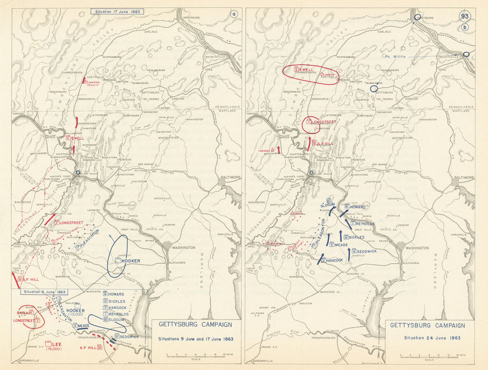 American Civil War. 9-24 June 1863 Gettysburg Campaign 1959 old vintage map