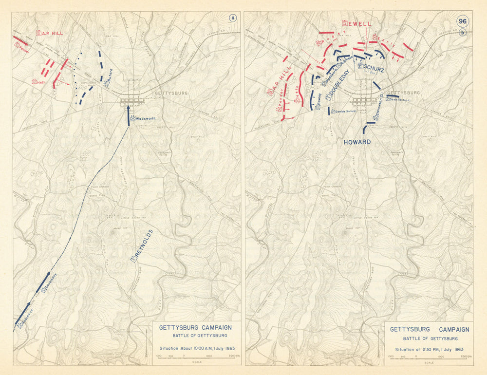 American Civil War. 10am-2.30pm 1 July 1863. Battle of Gettysburg 1959 old map