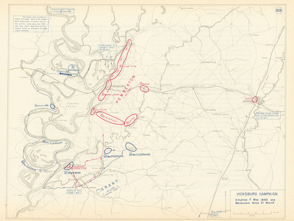 American Civil War. 31 March-7 May 1863 Vicksburg Campaign 1959 old map