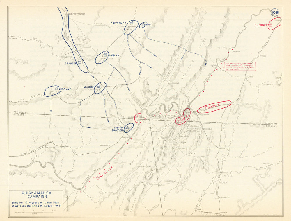 American Civil War. 15-16 August 1863 Chickamauga Campaign. Union Plan 1959 map