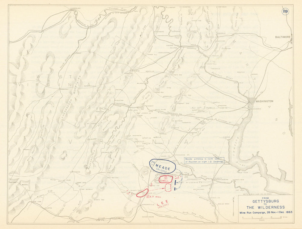 American Civil War. 26 Nov-1 Dec 1863. Battle of Mine Run 1959 old vintage map