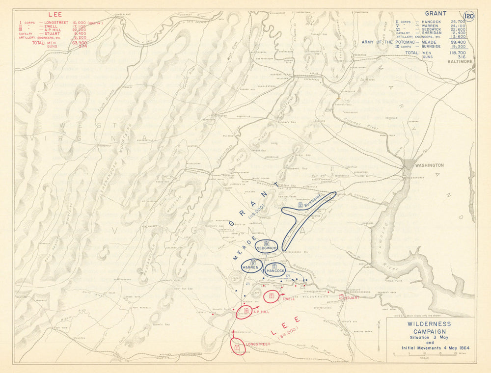American Civil War. 3-4 May 1864 Wilderness Campaign 1959 old vintage map
