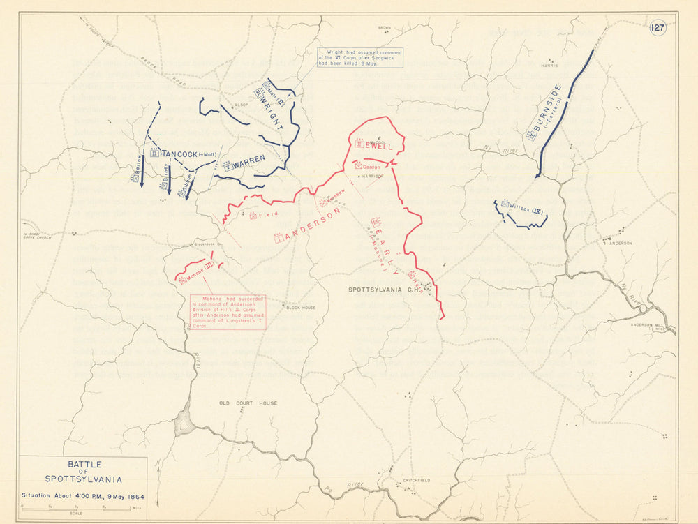American Civil War. 4pm 9 May 1864 Battle of Spotsylvania. Virginia 1959 map