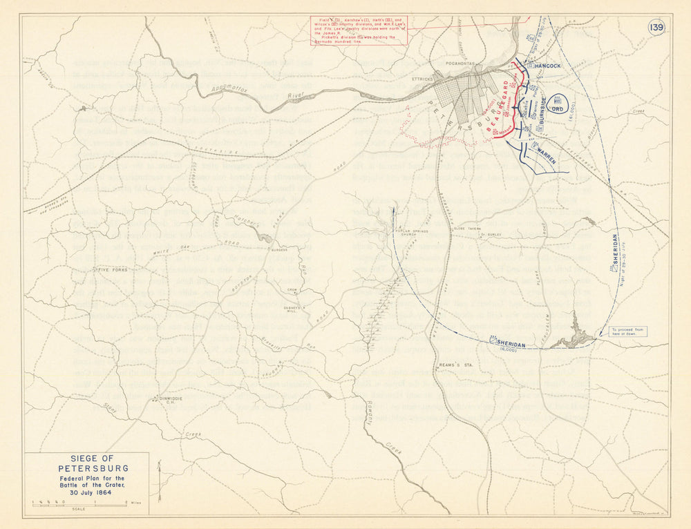 American Civil War. 30 July 1864 Petersburg Siege. Battle of the Crater 1959 map