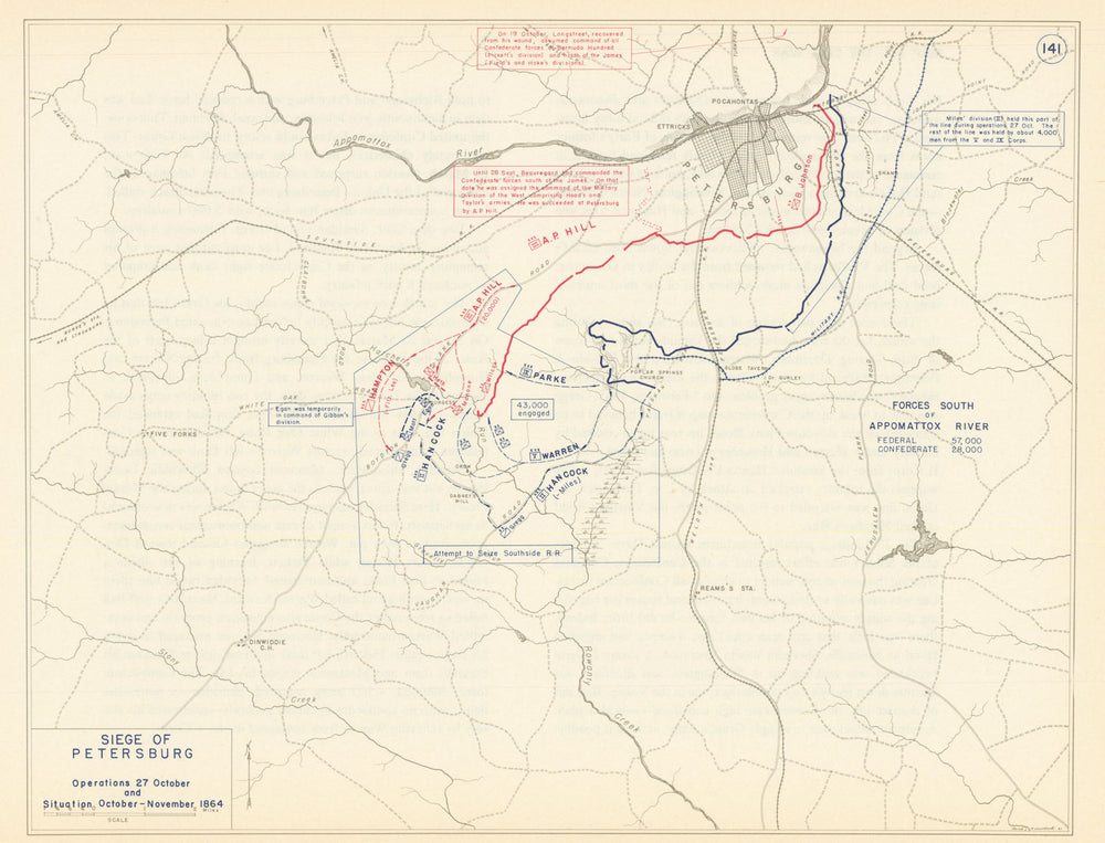 American Civil War. 27-28 October & November 1864 Siege of Petersburg 1959 map