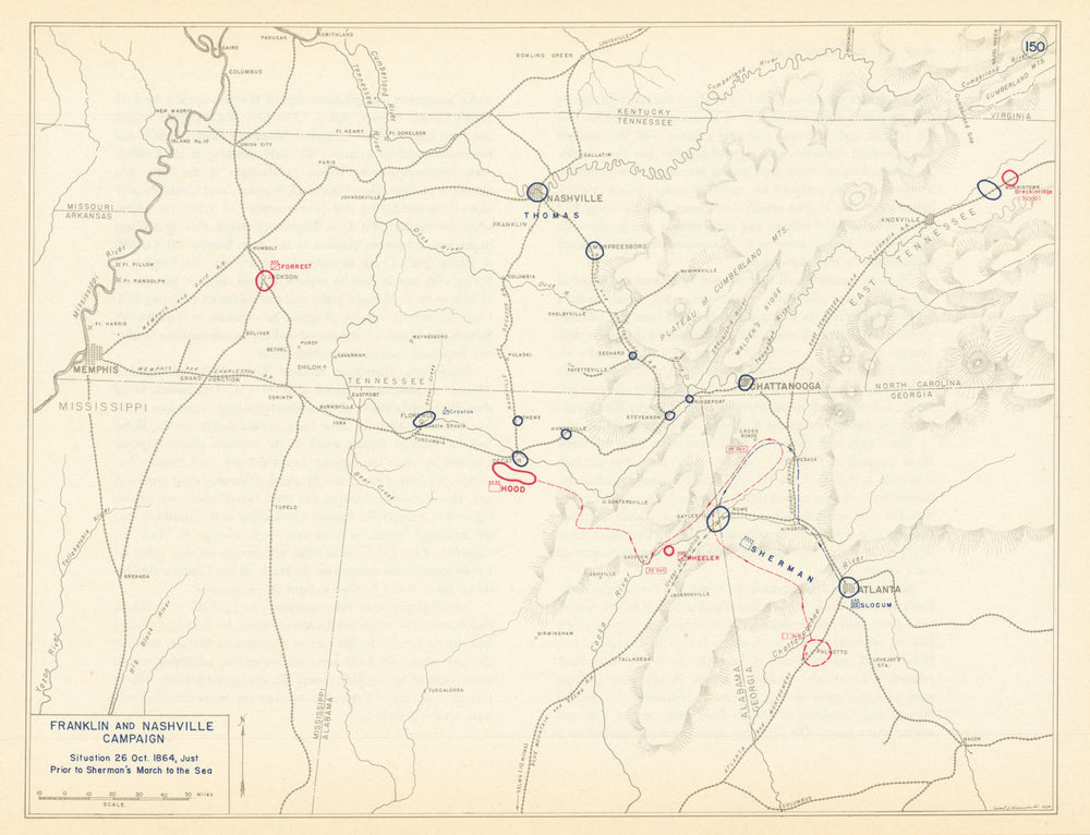 American Civil War. 26 October 1864 Franklin & Nashville Campaign 1959 old map