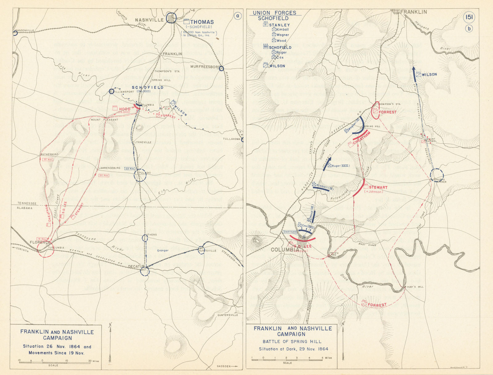 Spring Hull Map American Civil War. 19-29 Nov 1864 Battle of Spring Hill. Columbia 1959 ...