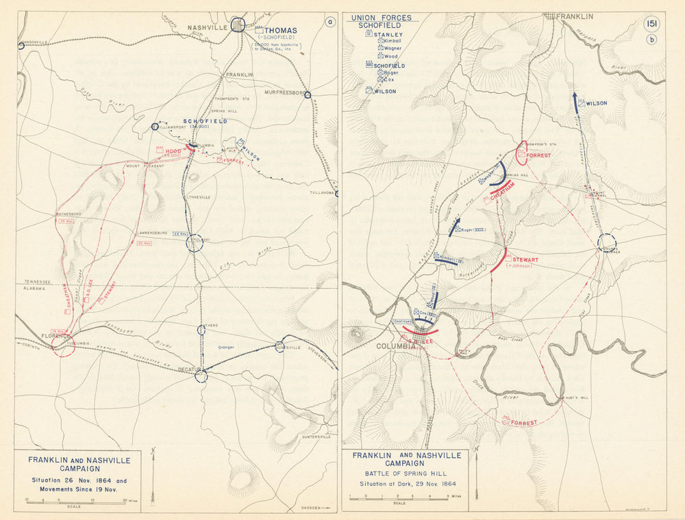 American Civil War. 19-29 Nov 1864 Battle of Spring Hill. Columbia 1959 map
