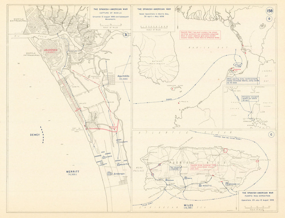 Spanish-American War 1898. Capture of Manila & Puerto Rico 1959 old map