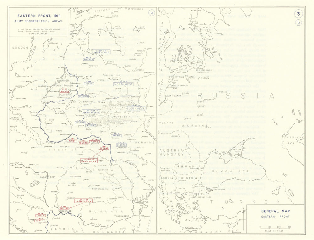World War 1. Eastern Front, 1914. Army Concentration Areas 1959 old map