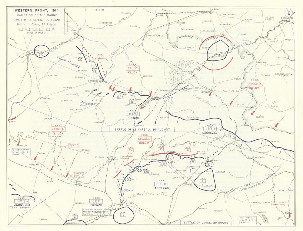 World War 1. Western Front August 1914 Marne. Le Cateau & Guise Battles 1959 map