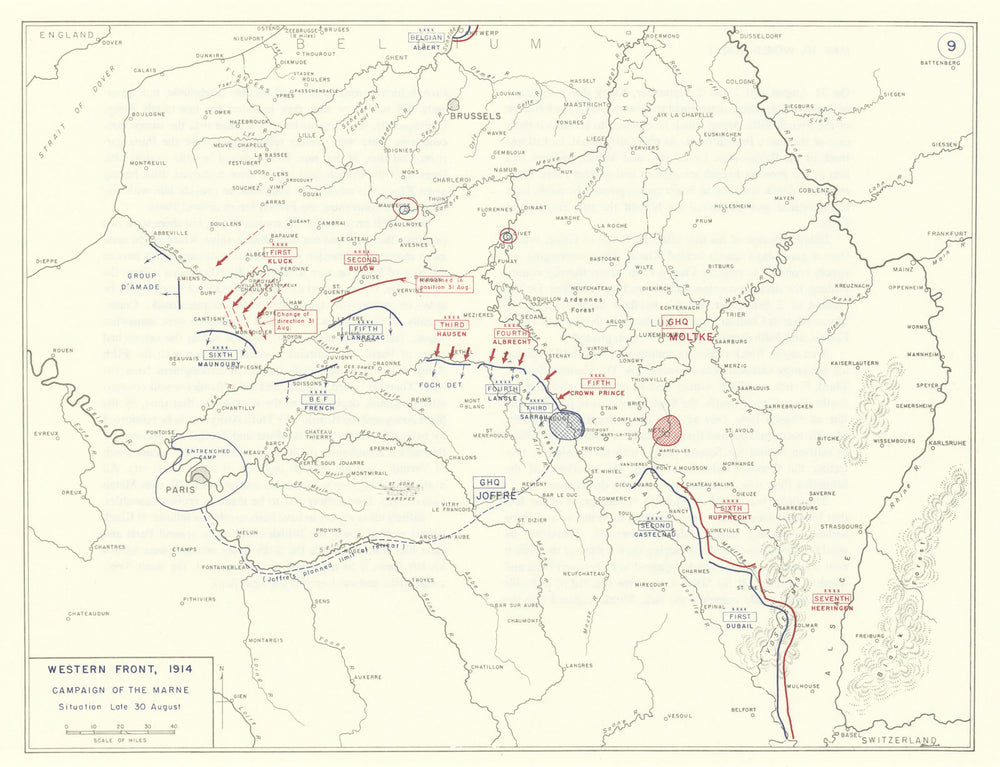 World War 1. Western Front 30 August 1914. Campaign of the Marne 1959 old map