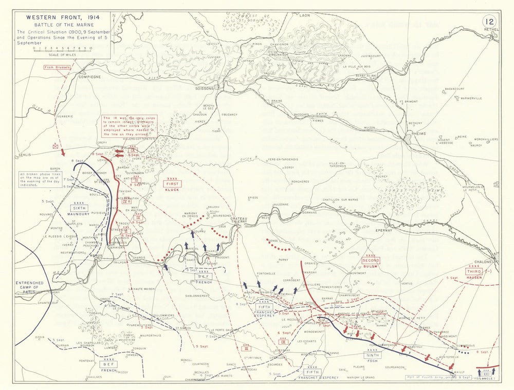 World War 1. Western Front 5-9 September 1914. Battle of the Marne 1959 map