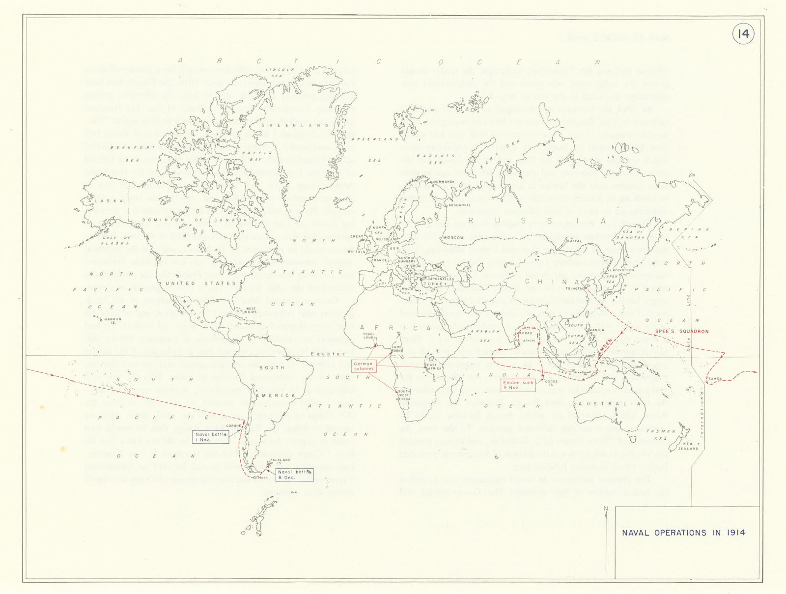 World War 1 Naval Operations 1914. Track of Spee's Squadron. Emden sunk ...