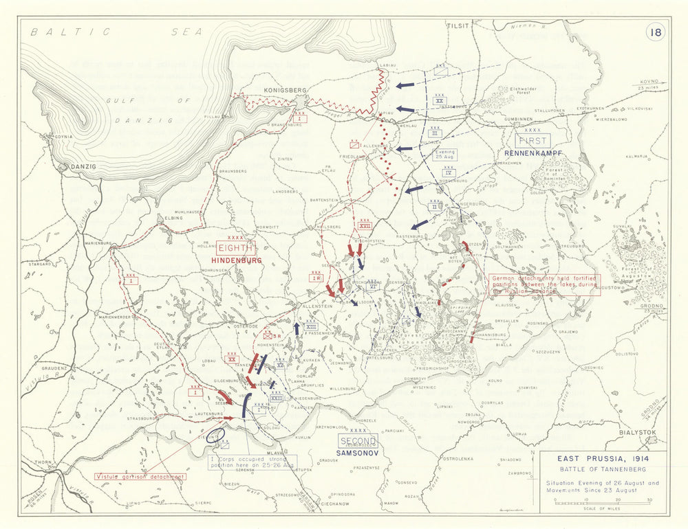 World War 1. East Prussia 23-26 August 1914. Battle of Tannenberg 1959 old map