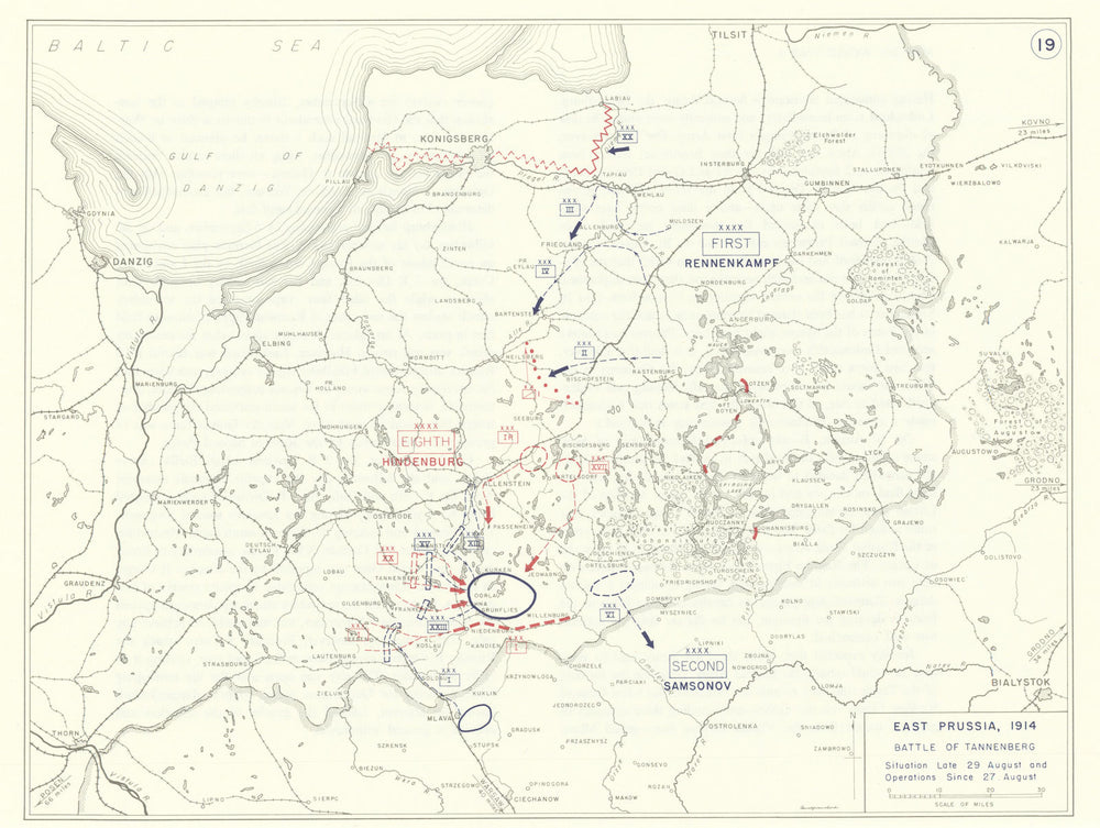 World War 1. East Prussia 27-29 August 1914. Battle of Tannenberg 1959 old map