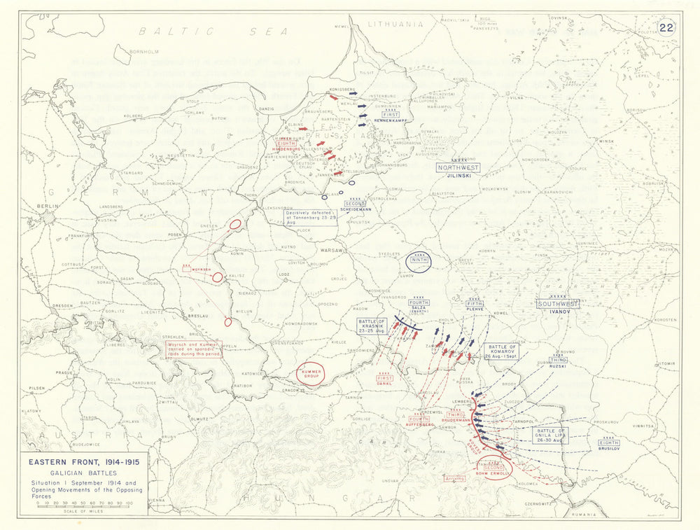 World War 1. Eastern Front Aug 1914 Krasnik Komarov Gnila Lipa battles 1959 map