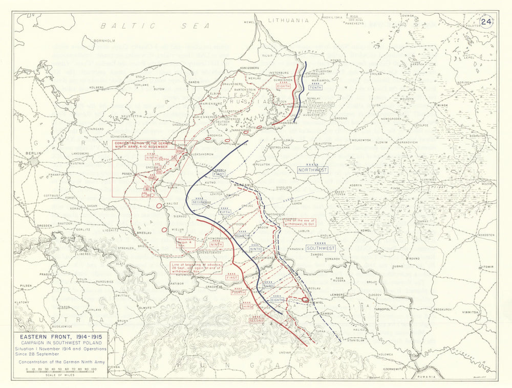 World War 1. Eastern Front Sept-Nov 1914. SW Poland. German Ninth Army 1959 map