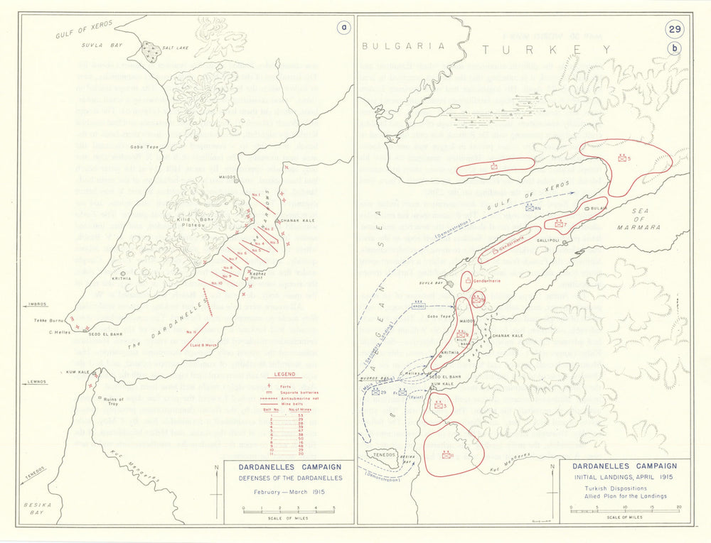 World War 1. Dardanelles Campaign. Defenses & April 1915 landings 1959 old map