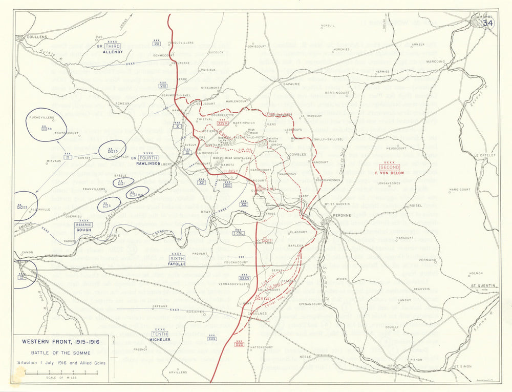 World War 1. Western Front 1915-1916. Battle of the Somme. Allied Gains 1959 map