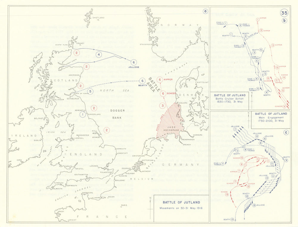 World War 1. Battle of Jutland 30-31 May 1916 movements 1959 old vintage map