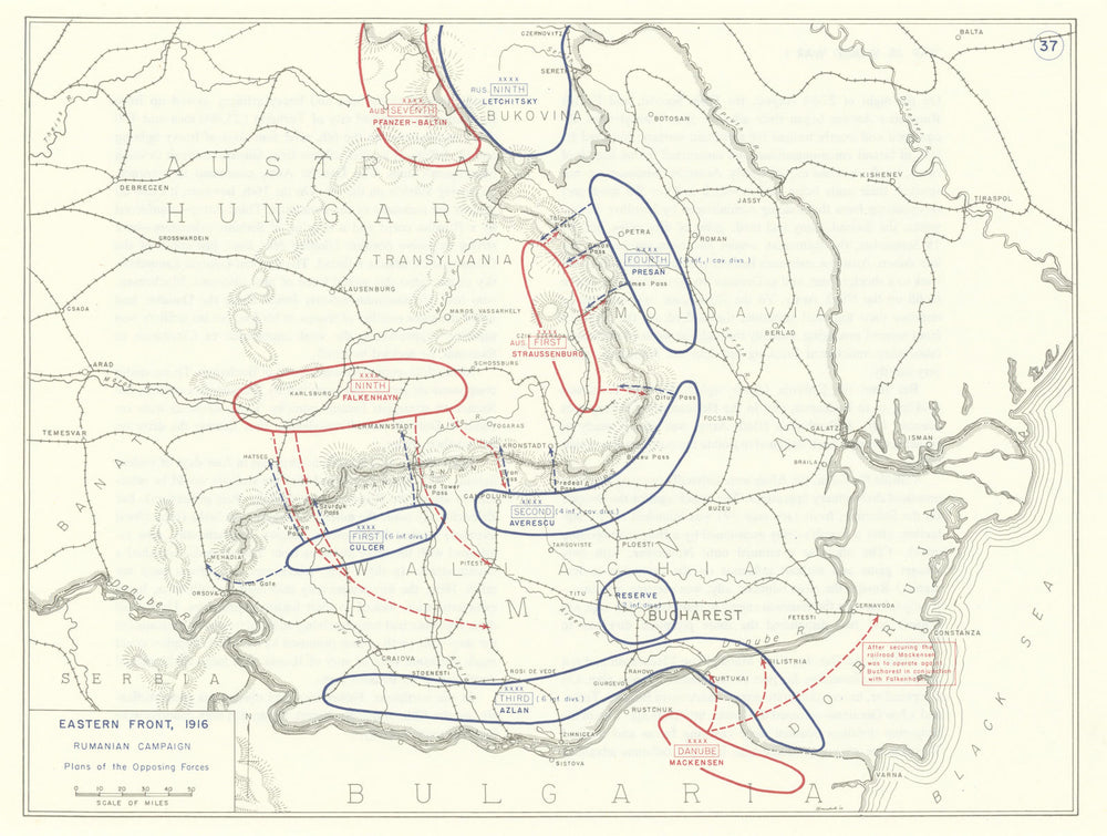 World War 1. Eastern Front 1916. Rumanian Campaign. Opposing Forces 1959 map