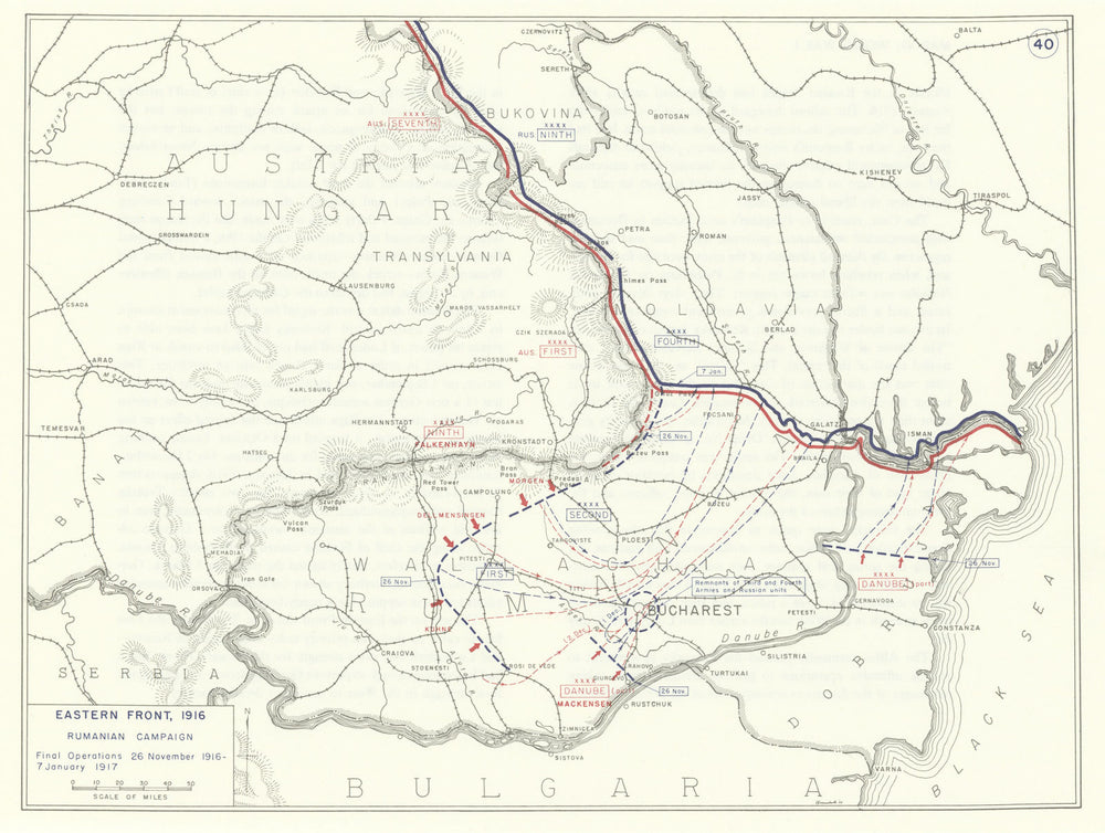 World War 1. Eastern Front Nov 1916-Jan 1917. Romanian Campaign 1959 old map