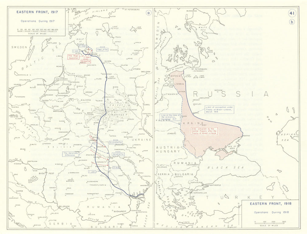 World War 1. Eastern Front 1917 & 1918 Operations. Kerensky Offensive 1959 map