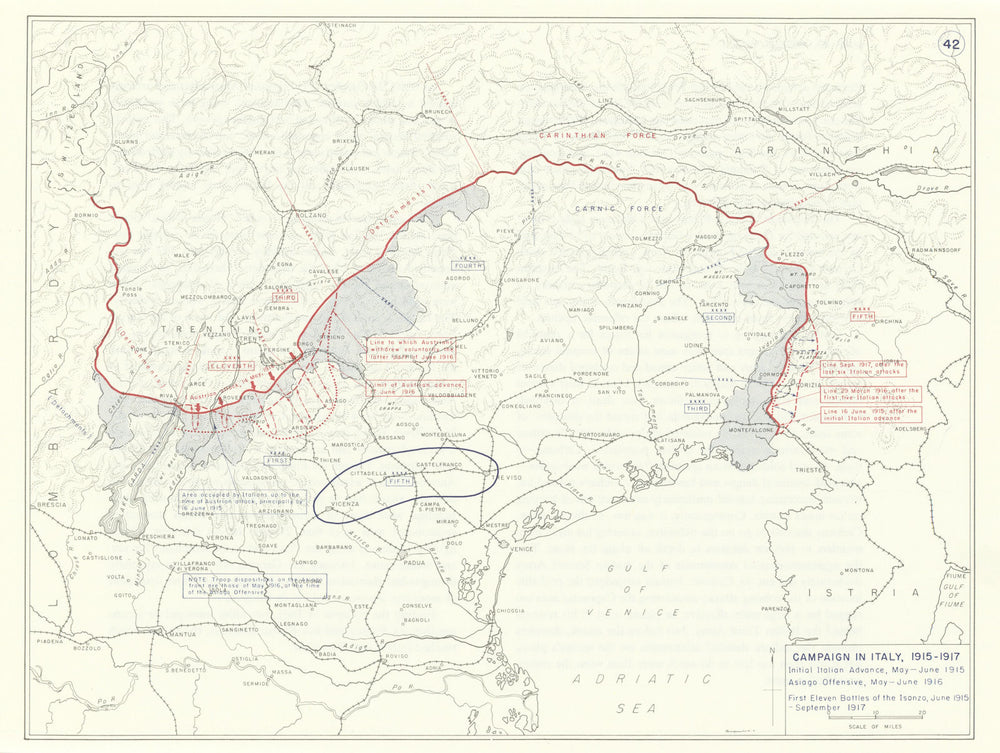 World War 1. Italy Campaign 1915-1917. Asiago Offensive. Isonzo battles 1959 map