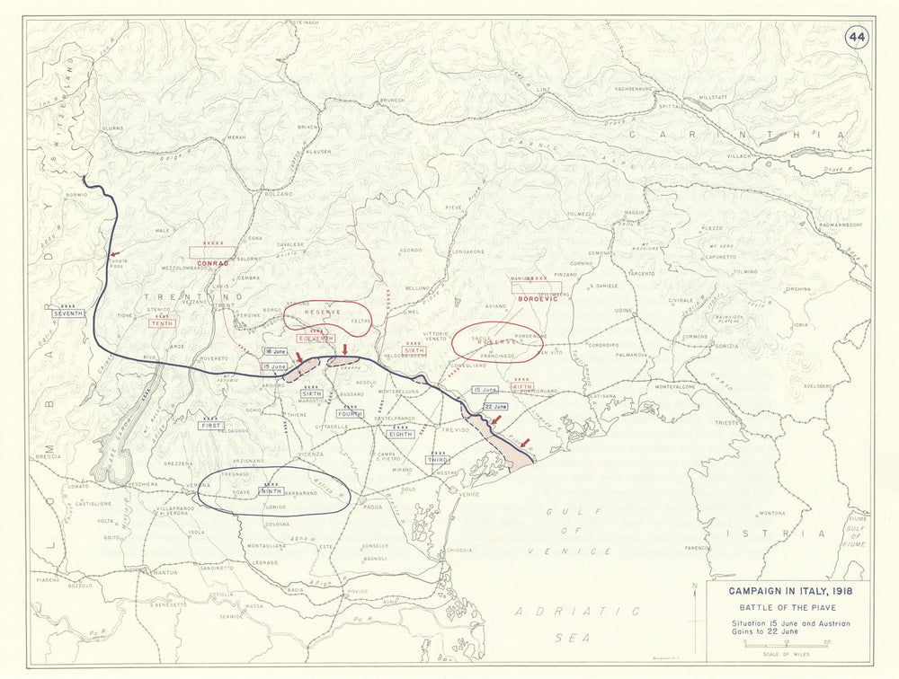 World War 1. Italy Campaign June 1918. Battle of Piave. Austrian Gains 1959 map