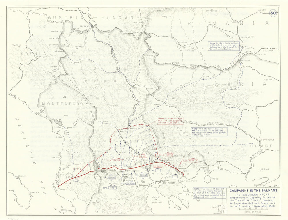 World War 1. Balkans Campaign. Sept-Nov 1918 Salonika Front 1959 old map