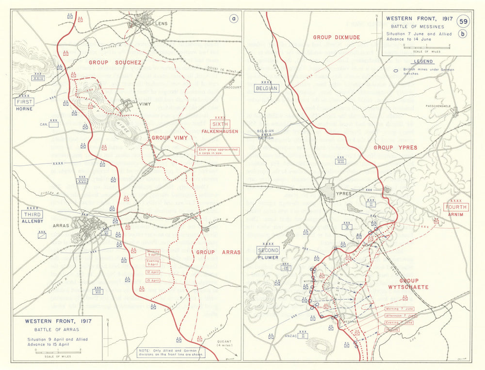 World War 1. Western Front April-June 1917. Battle of Arras & Messines 1959 map