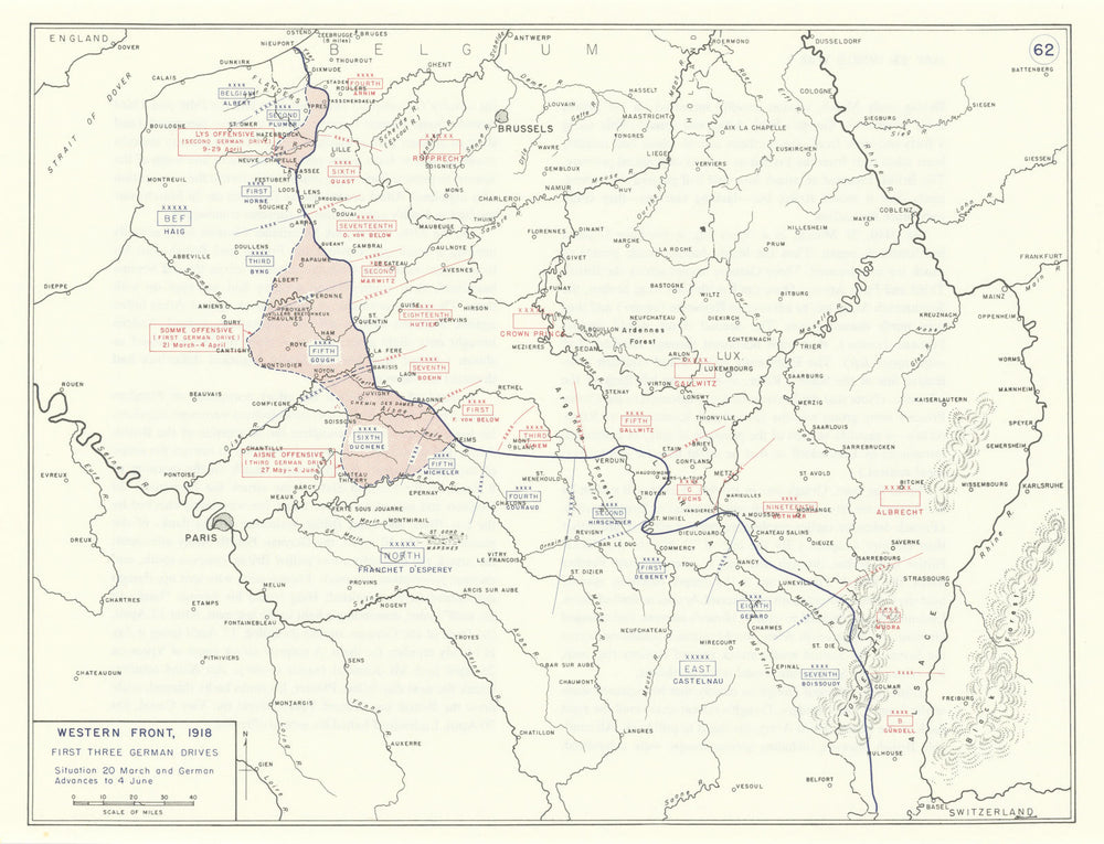 World War 1. Western Front March-June 1918. Somme Lys Aisne offensives 1959 map