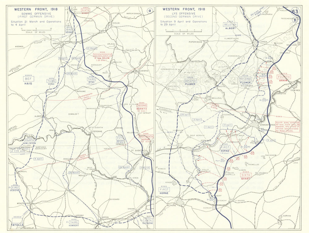 World War 1. Western Front March-April 1918. Somme & Lys offensives 1959 map