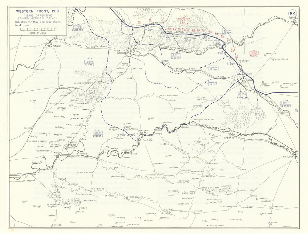 World War 1. Western Front May-June 1918. Aisne Offensive 1959 old vintage map