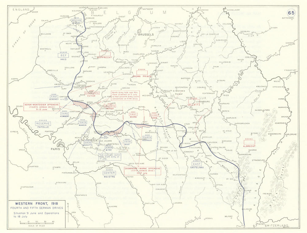 World War 1. Western Front June-July 1918. German Spring offensives 1959 map
