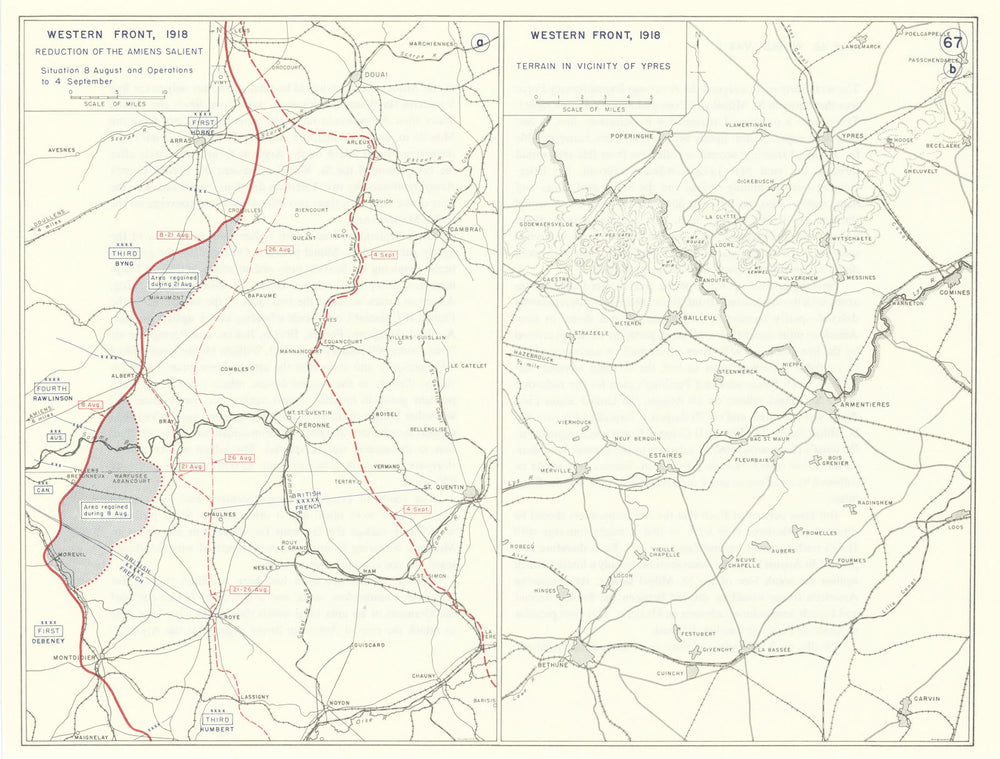 World War 1. Western Front August-Sept 1918. Amiens Salient reduction 1959 map