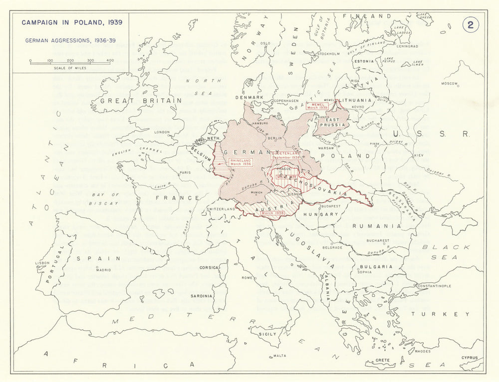World War 2. 1936-1939 German Aggressions & territorial expansion 1959 old map