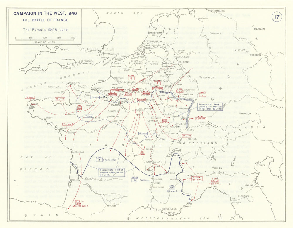 World War 2. Western Campaign 13-25 June 1940. Battle/Fall of France 1959 map