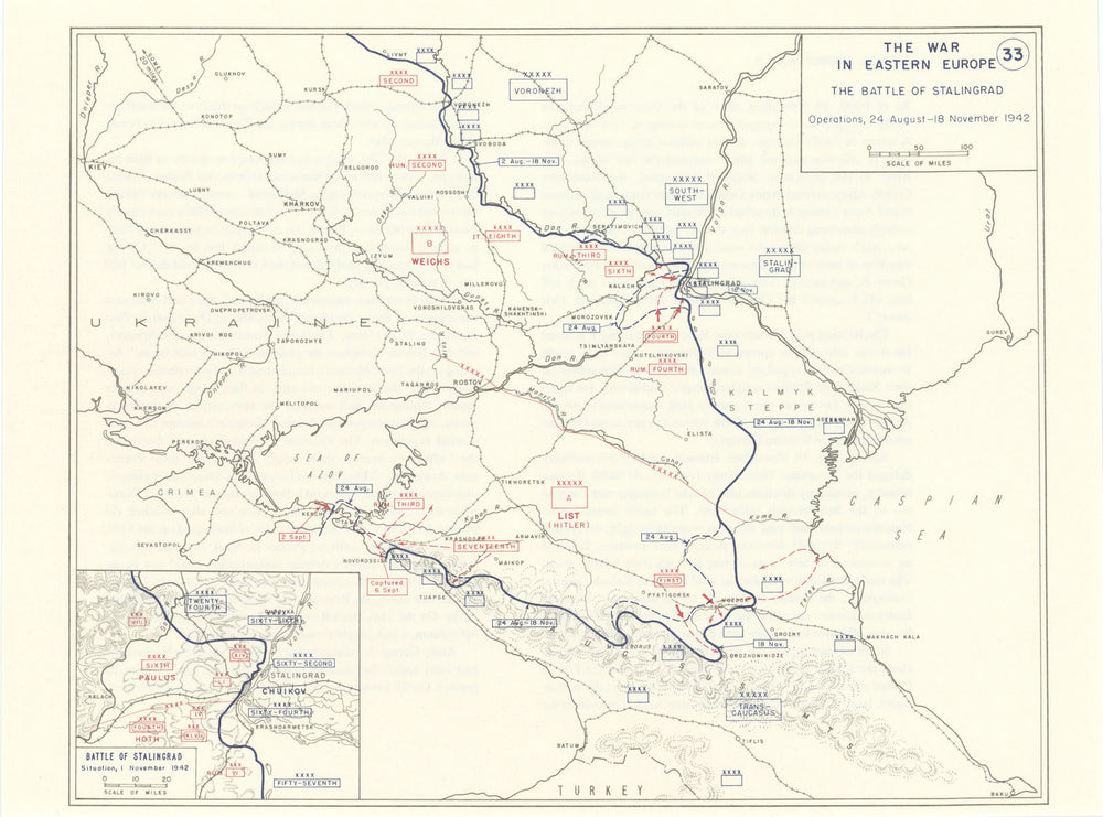 World War 2. Eastern Front. 24 August-18 Nov 1942 Battle of Stalingrad 1959 map