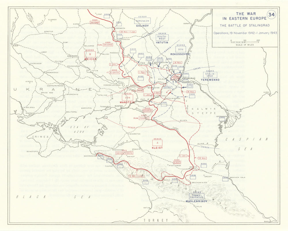 World War 2. Eastern Front. 19 Nov 1942-1 Jan 1943 Battle of Stalingrad 1959 map