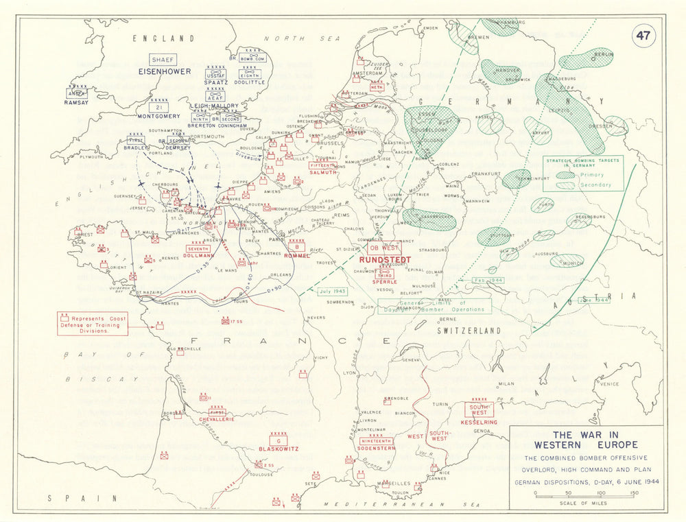 World War 2. Western Europe 6 June 1944. Bomber Offensive/Overlord plan 1959 map