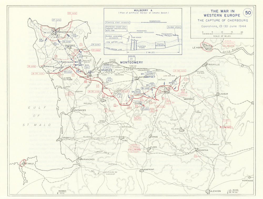 World War 2 D-Day Overlord 13-30 June 1944 Capture of Cherbourg 1959 old map
